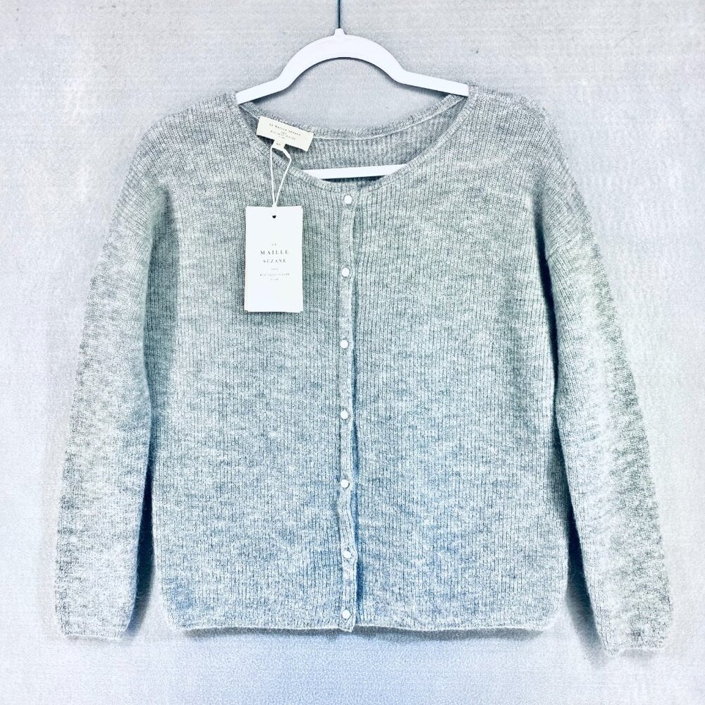 Sezane Cardigan Sweater Womens XS Gray Alpaca Mohair Button Up Quiet Luxury NWT